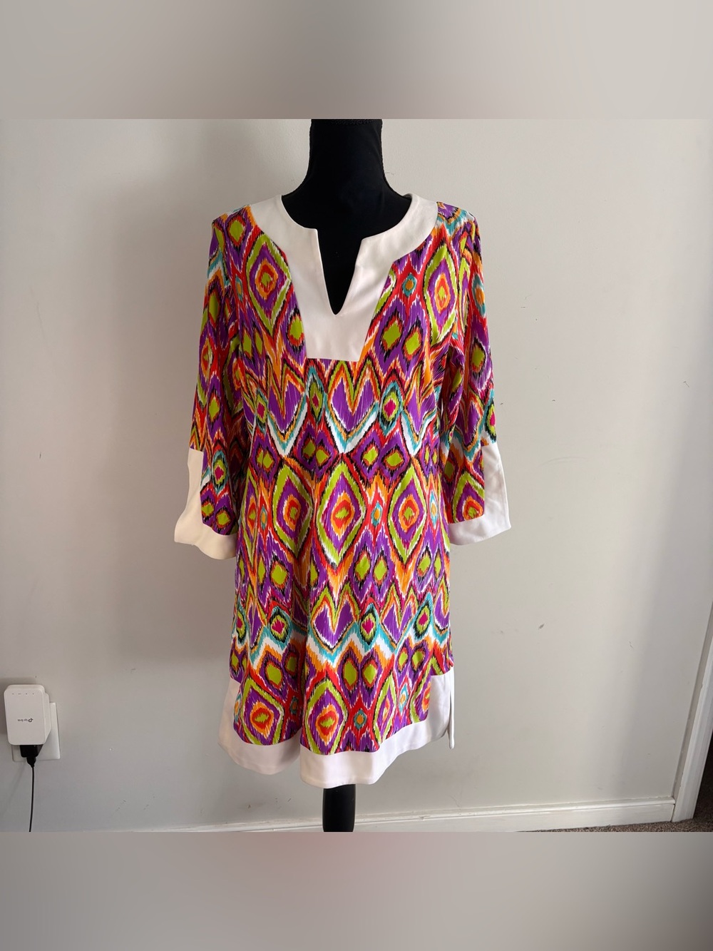Jude Connally Megan Ikat Tunic Dress Size Large 3/4 Sleeve White Trim Made USA